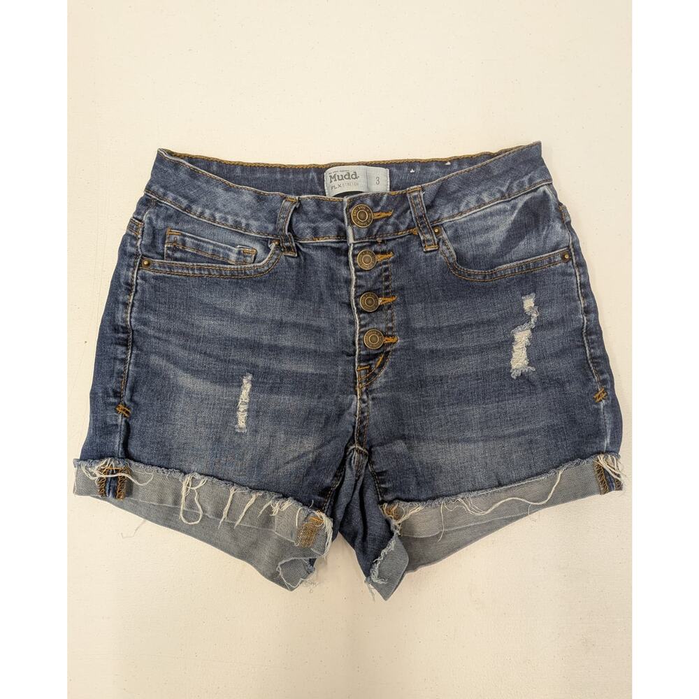 Mudd Women’s High Rise Denim Shorts Button Fly Distressed Blue Size 3
